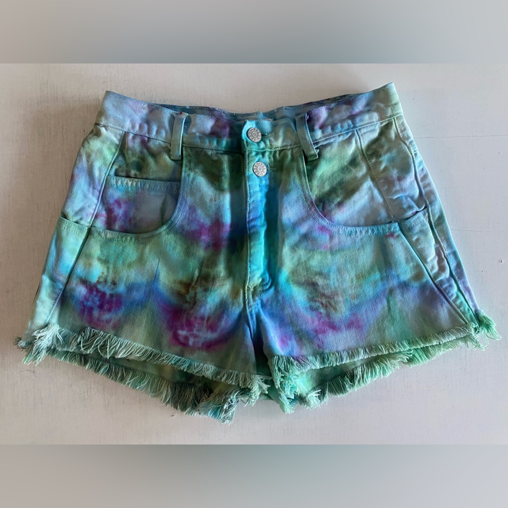 Tie-Dye Green & Blue Women's Frayed Hem Shorts handmade